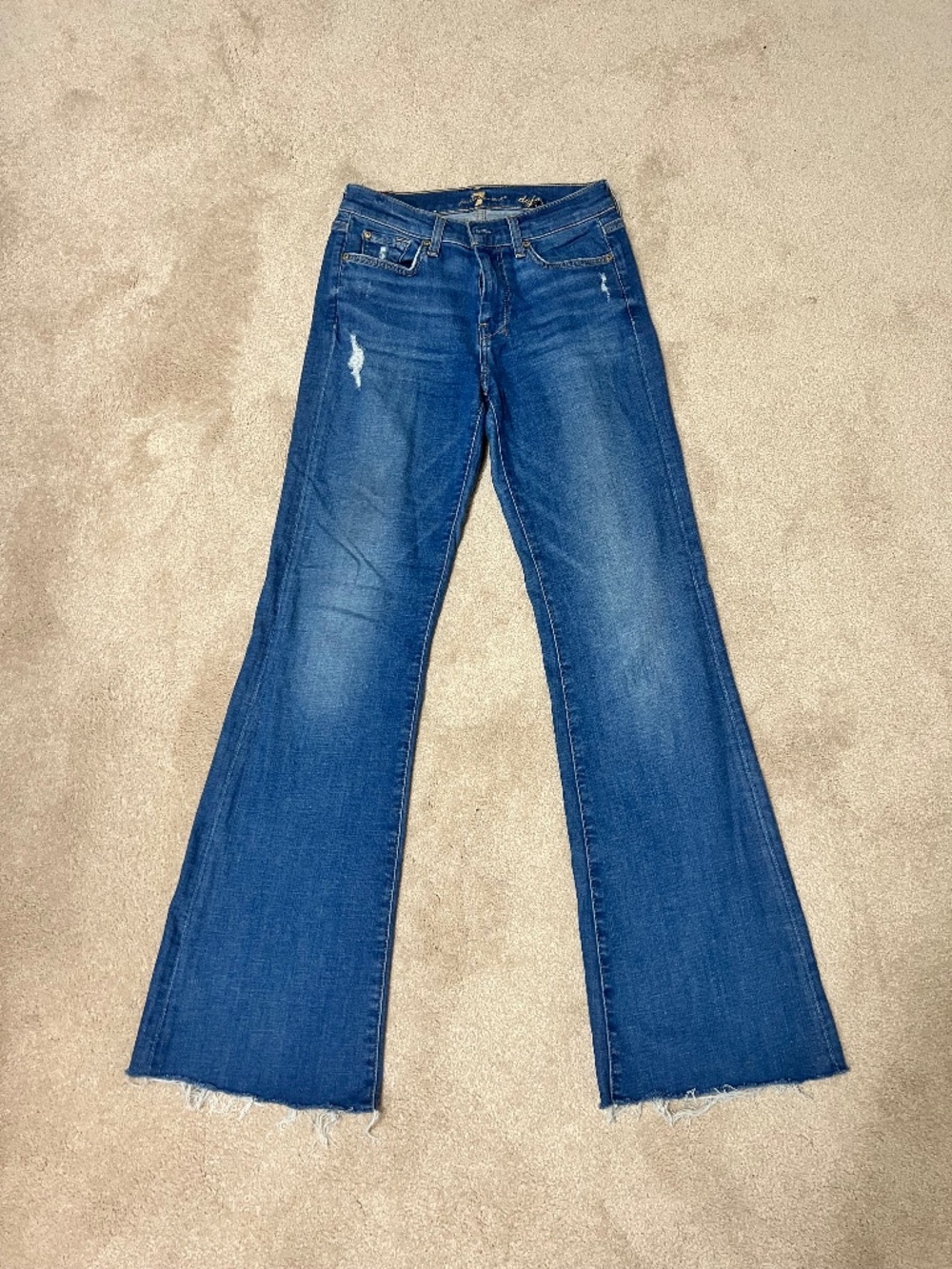 7 For All Mankind Dojo Flare Jeans Size 27 Raw Hem Distressed Like New